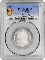 Бельгія 1 франк 1880 р., PCGS MS63, "50 років незалежності"