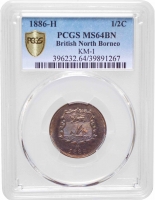 Северное Борнео 1/2 цента 1886 г. H, PCGS MS64 BN, "Британский протекторат (1882 - 1941)"