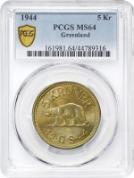 Гренландия 5 крон 1944 г., PCGS MS64, "Датская колония (1926 - 1964)"