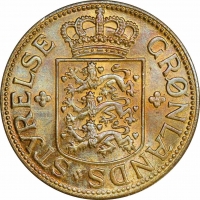 Гренландия 5 крон 1944 г., PCGS MS64, "Датская колония (1926 - 1964)"