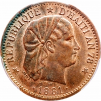 Гаити 2 сантима 1881 г., PCGS MS63 RB, "Республика Гаити (1863 - 1985)"