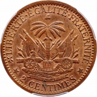 Гаити 2 сантима 1881 г., PCGS MS63 RB, "Республика Гаити (1863 - 1985)"