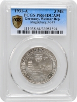 Веймарська Республіка 3 рейхсмарки 1931 р. A, PCGS PR64 DCAM, "300-ті роковини руйнування Магдебурга"
