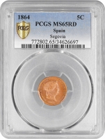 Испания 5 сентимо 1864 г., PCGS MS65 RD, "Королева Изабелла II (1847 - 1864)" Top Pop