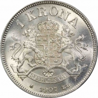 Швеция 1 крона 1907 г. EB, PCGS MS65, "Король Оскар II (1873 - 1907)"