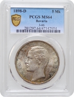 Баварія 5 марок 1898 р. D, PCGS MS64, "Король Отто І (1886 - 1913)"