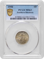 Южная Родезия 6 пенсов 1950 г., PCGS MS63, "Колония Великобритании (1932 - 1955)"