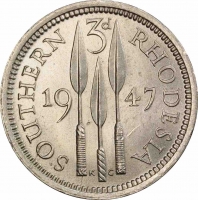 Южная Родезия 3 пенса 1947 г., PCGS MS63, "Колония Великобритании (1932 - 1955)"