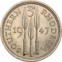 Южная Родезия 3 пенса 1947 г., PCGS MS64, "Колония Великобритании (1932 - 1955)"