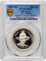 Никарагуа 500 кордоб 1980 г. MO, PCGS PF66, "Аугусто Сесар Сандино" Pop 2/2