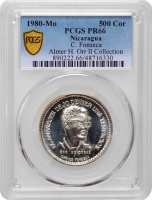 Никарагуа 500 кордоб 1980 г. MO, PCGS PF66, "Карлос Фонсека" Top Pop 2/0