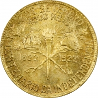 Бразилія 1000 рейсів 1922 р., PCGS MS64, "100 років незалежності Бразилії" KM#522.2 (error "BBASIL")