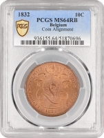 Бельгия 10 сантимов 1832 г., PCGS MS64 RB, "Король Леопольд I (1832 - 1865)" Top Pop