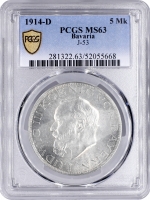 Баварія 5 марок 1914 р. D, PCGS MS63, "Король Людвіг III (1913 - 1918)"