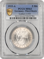 Німеччина - Третій рейх 5 рейхсмарок 1933 р. A, PCGS MS63, "450 років з дня народження М. Лютера"