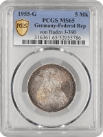 Німеччина - ФРН 5 марок 1955 р. G, PCGS MS65, "300 років від дня народження Людвіга фон Бадена"