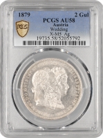 Австрія 2 флорина 1879 р., PCGS AU58, "Річниця срібного весілля"
