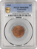 Гватемала 1 сентаво 1925 р., PCGS MS63 RB, "Республіка Гватемала (1925 - 1948)"