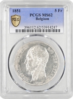 Бельгія 5 франків 1851, PCGS MS62, "Король Леопольд I (1832 - 1865)"