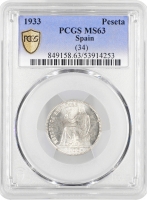 Іспанія 1 песета 1933 (34), PCGS Іспанія 1 песета 1933 (34), PCGS MS63, "Друга Республіка (1931 - 1939)", "Друга Республіка (1931 - 1939)"