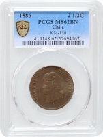Чилі 2.5 сентаво 1886 р. So, PCGS MS62 BN, "Республіка Чилі (1851 - 1898)"
