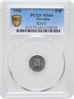 Словаччина 5 гелерів 1942, PCGS MS64, "Словацька Республіка (1939 - 1945)"