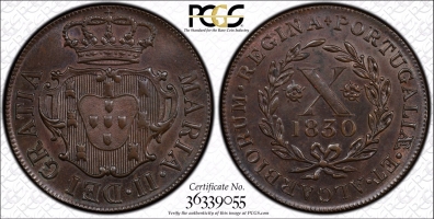 Остров Терсейра 5 и 10 рейсов 1830 г., PCGS MS62-63, "Мария II в изгнании (1828 - 1833)"