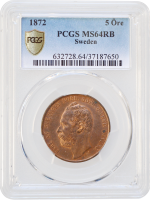 Швеция 5 эре 1872 г., PCGS MS64 RB, "Король Карл XV (1859 - 1872)"
