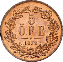 Швеция 5 эре 1872 г., PCGS MS64 RB, "Король Карл XV (1859 - 1872)"