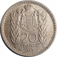 Монако 20 франков 1947 г., UNC, "Князь Луи II (1922 - 1949)"
