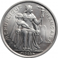 Французская Полинезия 5 франков 1965 г., UNC, 'Заморское сообщество Франции (1965-2015)' 1 YR. TYPE