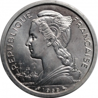 Французское Сомали 2 франка 1959 г., BU, 'Колония Франции (1948-1965)', РЕДКАЯ