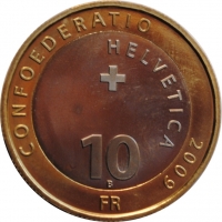 Швейцария 10 франков 2009 г., UNC, 'Швейцарский национальный парк - олень'