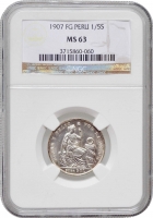 Перу 1/5 соль 1907 г. FG, NGC MS63, "Республика Перу (1863 - 1917)"