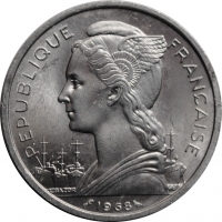 Французские Афар и Исса 5 франков 1968 г., BU, 'Заморская территория Франции (1968 - 1975)'