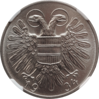 Австрия 50 грошей 1934 г., NGC MS64, 'Первая Республика (Шиллинг) (1925 - 1938)'