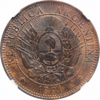 Аргентина 2 сентаво 1891 г., NGC MS64 BN, "Песо аргентинское (1881 - 1969)"