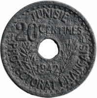Тунис 20 сантимов 1942 г., UNC, "Французский протекторат (1890 - 1957)"