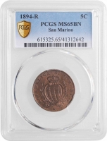 Сан-Марино 5 чентезимо 1894 г., PCGS MS65 BN, "Республика Сан-Марино (1864 - 1938)"