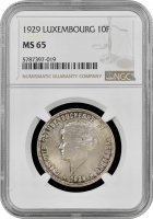 Люксембург 10 франков 1929 г., NGC MS65, "Великая герцогиня Шарлотта (1918 - 1964)"