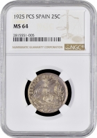 Испания 25 сентимо 1925 г., NGC MS64, "Король Альфонсо XIII (1886 - 1931)"