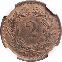 Швейцария 2 раппена 1879 г. B, NGC MS63 RB, "Швейцарская конфедерация (1850 - 1916)"