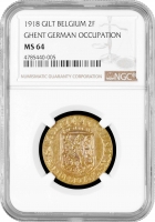 Бельгия 2 франка 1918 г., NGC MS64, "Германская оккупация города Гент (1915 - 1918)"