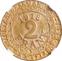 Бельгия 2 франка 1918 г., NGC MS64, "Германская оккупация города Гент (1915 - 1918)"