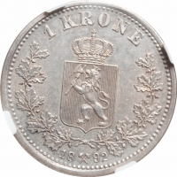 Норвегия 1 крона 1892 г., NGC MS61, "Король Оскар II (1874 - 1906)"