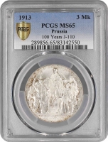 Пруссия 3 марки 1913 г., PCGS MS65, "100 лет объявлению войны против Франции"