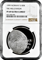Норвегия 100 крон 1999 г., NGC PF69 UC, "2000 год - Миллениум"