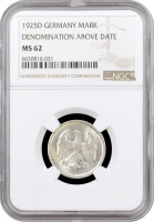Германия 1 марка 1925 г. D, NGC MS62, "Веймарская Республика (Марка) (1919 - 1925)"