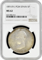 Испания 5 песет 1891 г. PGM, NGC MS62, "Король Альфонсо XIII (1886 - 1931)"