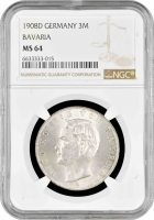 Бавария 3 марки 1908 г., NGC MS64, "Король Отто I (1886 - 1913)"